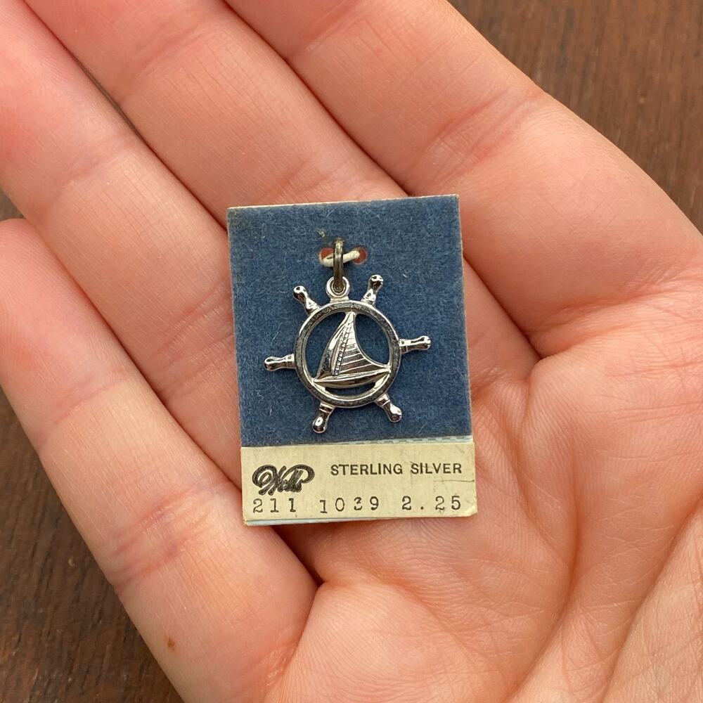 Vintage Wells 925 Sterling Silver Sail Boat Wheel Nautical Pendant Charm